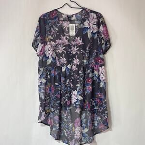 Torrid Chiffon Floral Blouse Womens Large 12 Gray Purple Semi Sheer Empire Waist